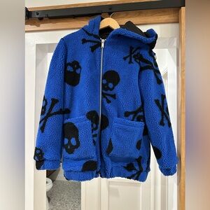 Dolls Kill Current Mood Blue and Black Skull 💀 Fleece Jacket